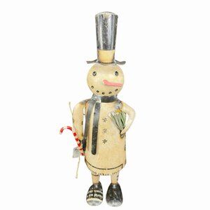Pine Creek Primitive Christmas Recycled Metal Snowman With Candy Cane Figurine